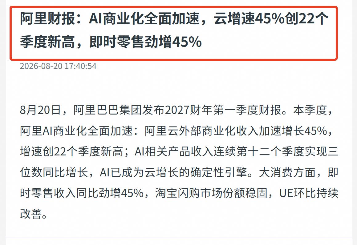 阿里财报一出炉，直接给中国的AI企业打了个样！最新一季财报出炉，阿里云外部商