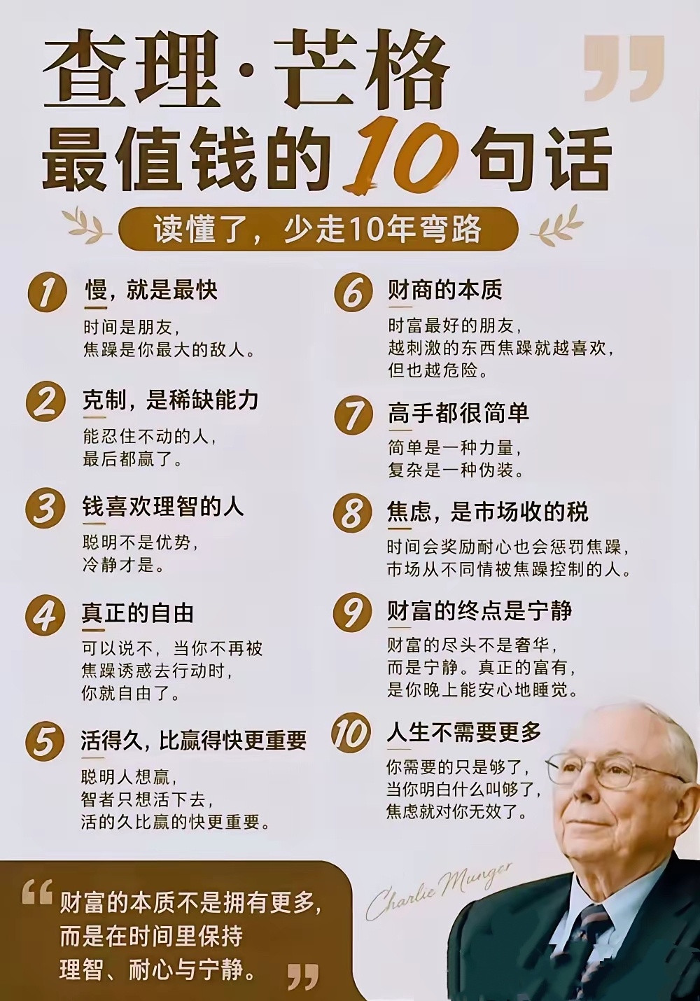 “查理·芒格最值钱的10句话，读懂了，少走10年弯路。”​​​