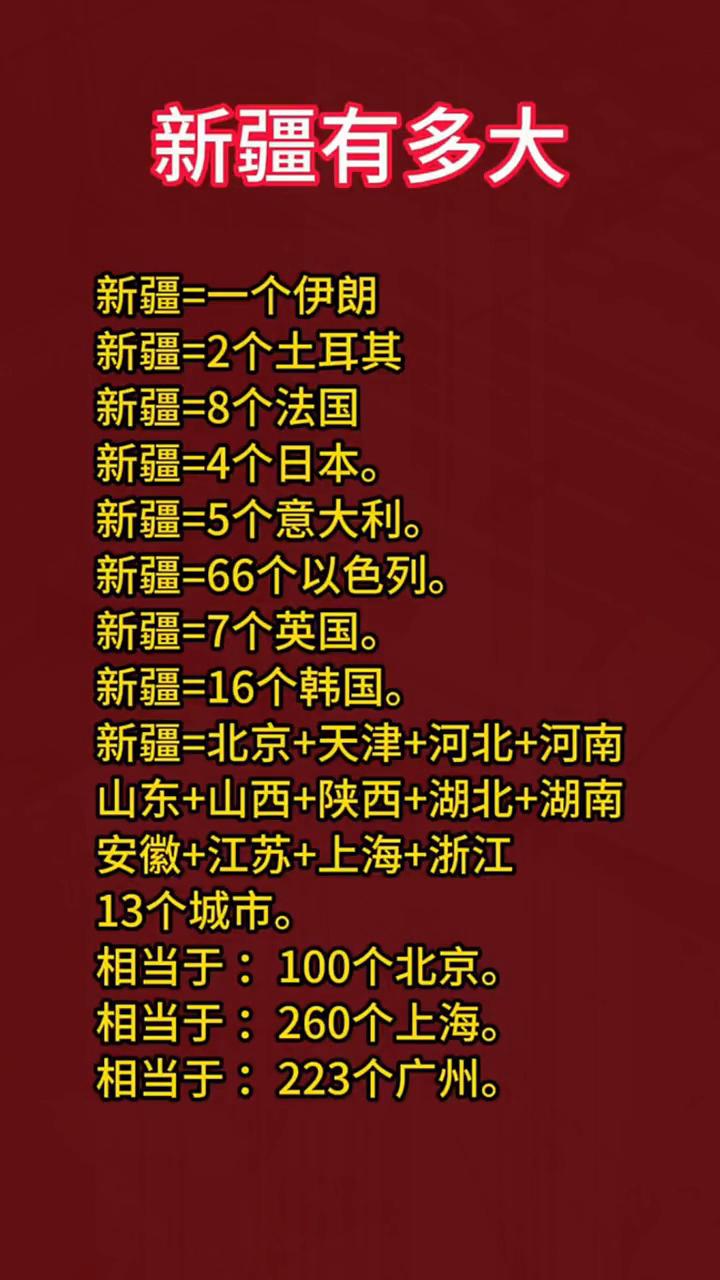新疆有多大？新疆=一个伊朗。新疆=2个土耳其。新疆=8个法国。新疆=4个