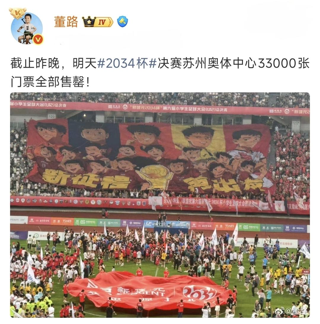 董路传来好消息，足球小将2034杯决赛3万多张门票全部售罄。球迷：太牛了，不知道