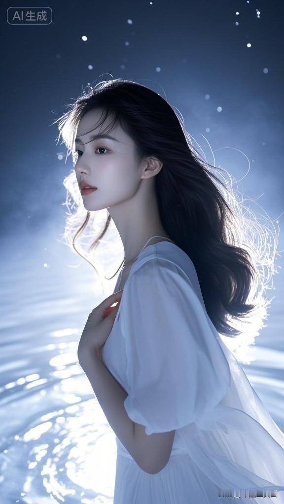 梦幻蓝调，唯美少女，风中飘逸，AI生成，惊艳视觉！