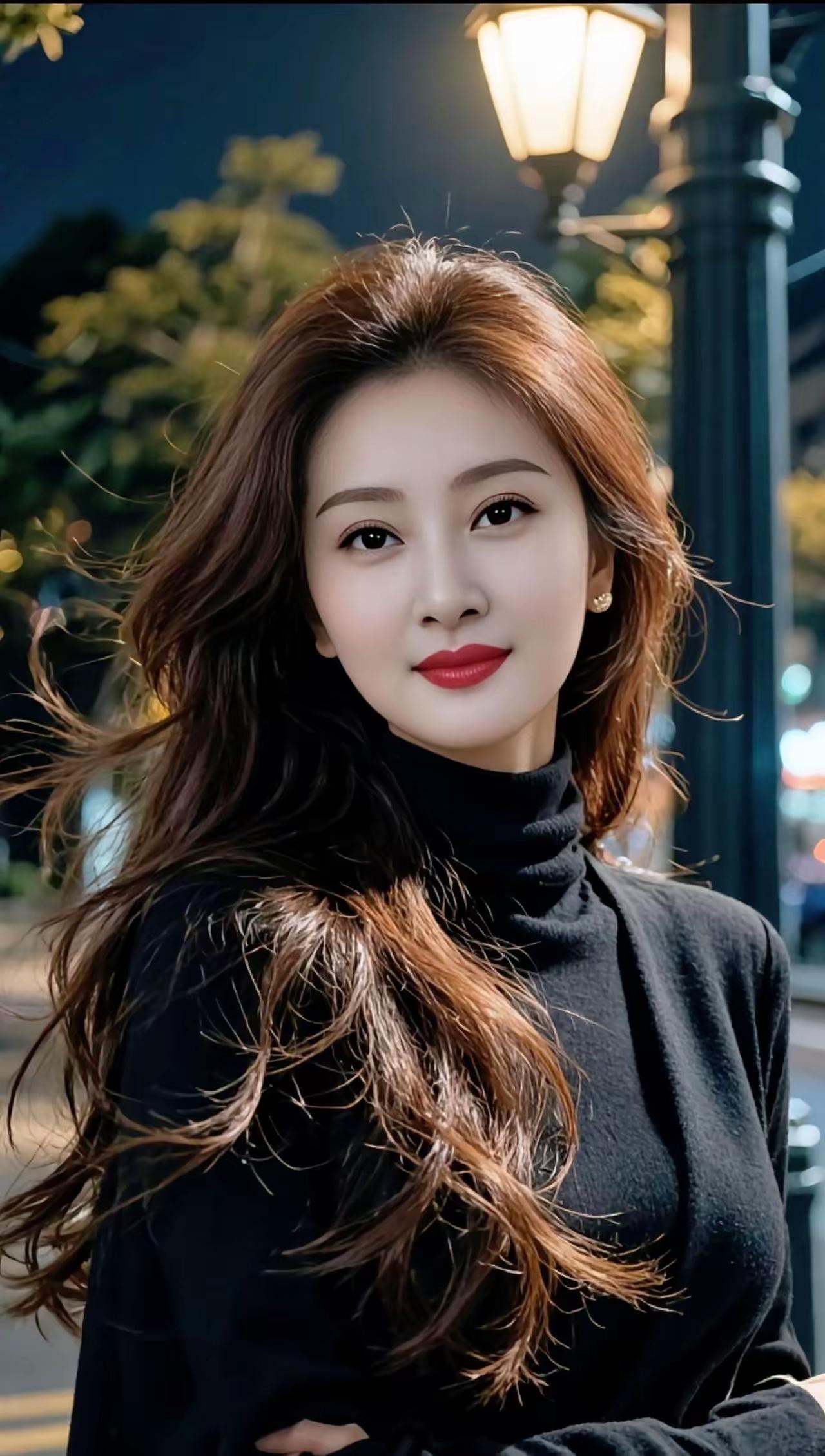 夜晚街头的温柔时光，红唇与黑衣的完美搭配，尽显优雅与魅力。🌃💄👗