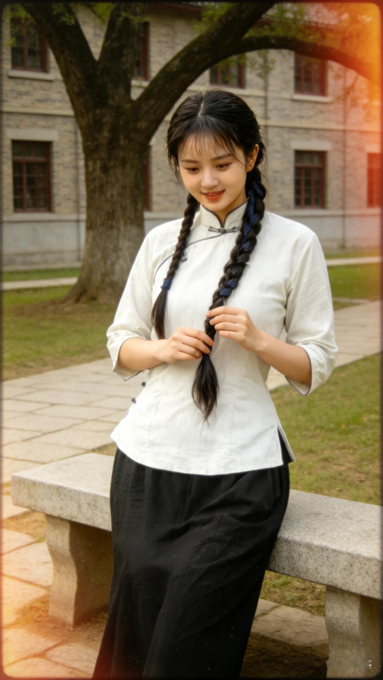 少女半身写真，冷白瓷感肌肤，双麻花辫配深蓝发带，身着素雅学生装。端坐石凳温婉浅笑