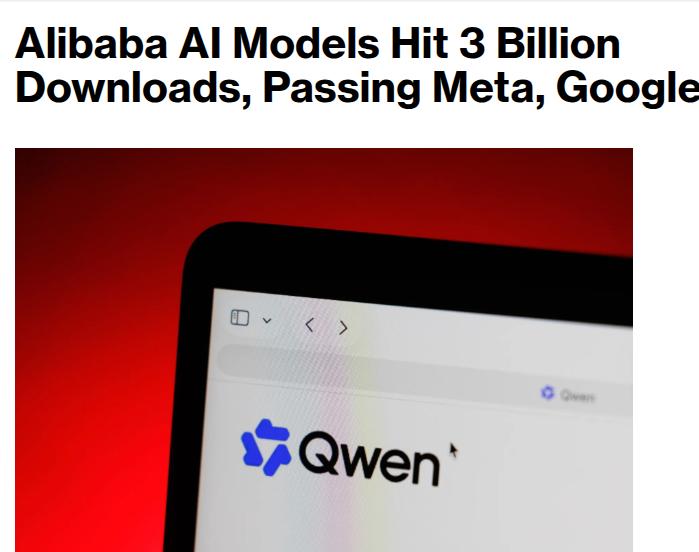 彭博社最新披露的一组数据：阿里通义千问（Qwen）全球开源模型家族的总下载量正式