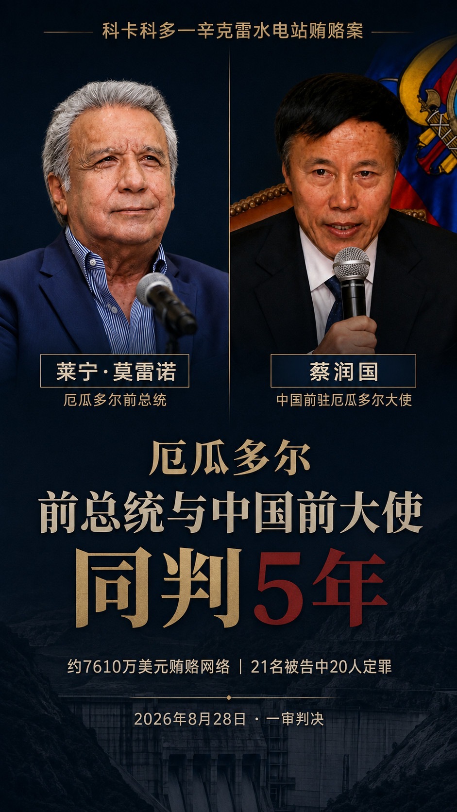 厄瓜多尔"标志性"水电站贿赂案宣判：中国前大使与该国前总统同获五年徒刑基多消息——厄瓜多尔国家法院8