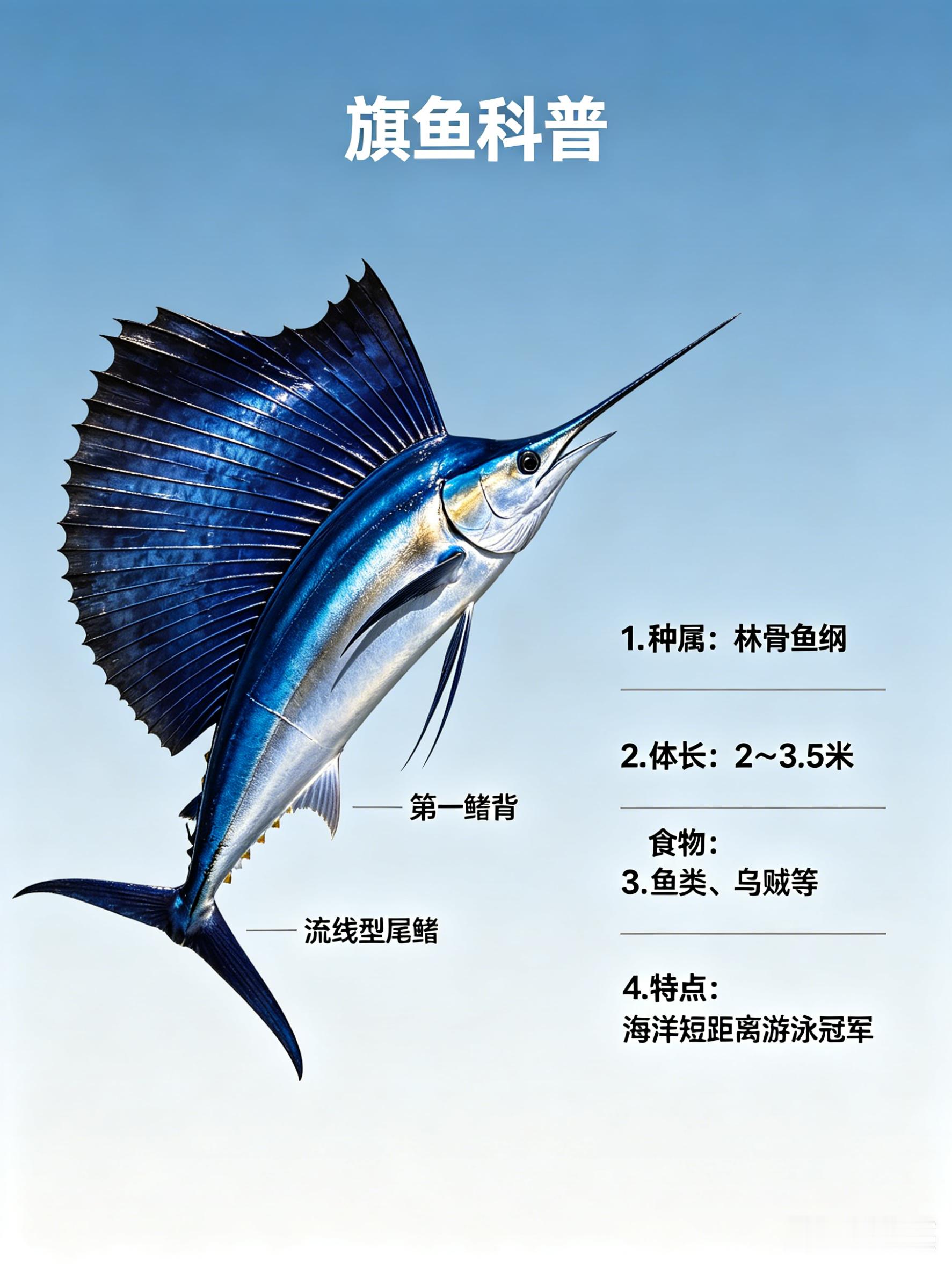 海洋朋友圈旗鱼海洋档案种　属：硬骨鱼纲体　长：2～3.5米食　物：鱼类、乌贼等