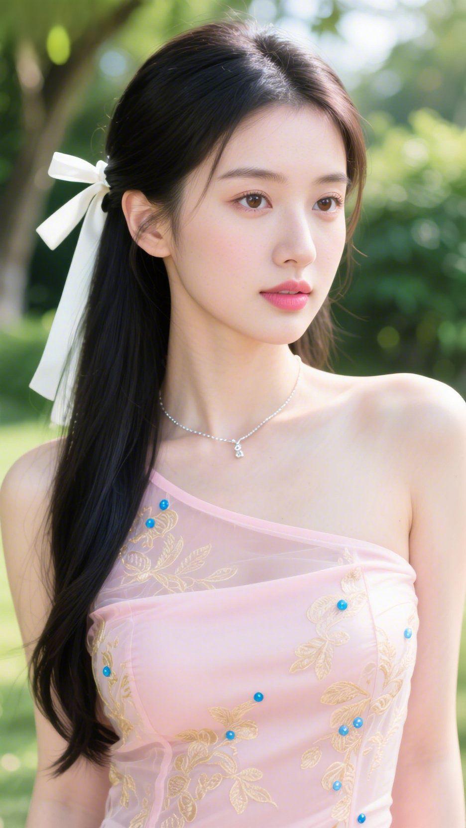 《夏荫里的粉纱》蝉鸣浸在风里时，她立在树荫的碎光中。粉纱裙裹着夏的温