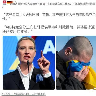 魏德尔对着镜头说：“领公民津贴的乌克兰人必须回国，该服役的去服役。”翻译一下就是