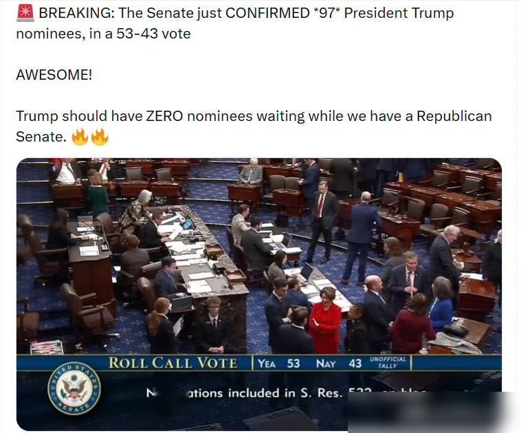 美国参议院刚刚以53票赞成、43票反对的投票结果确认了特朗普总统提名的97名人选