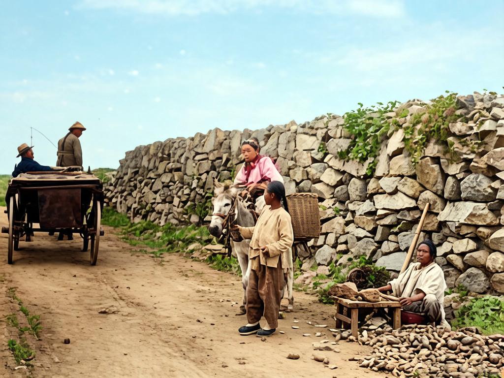 清末民初，出现在山东威海滨海大道上的一个场景。一辆四轮的欧式马车和一个骑乘白