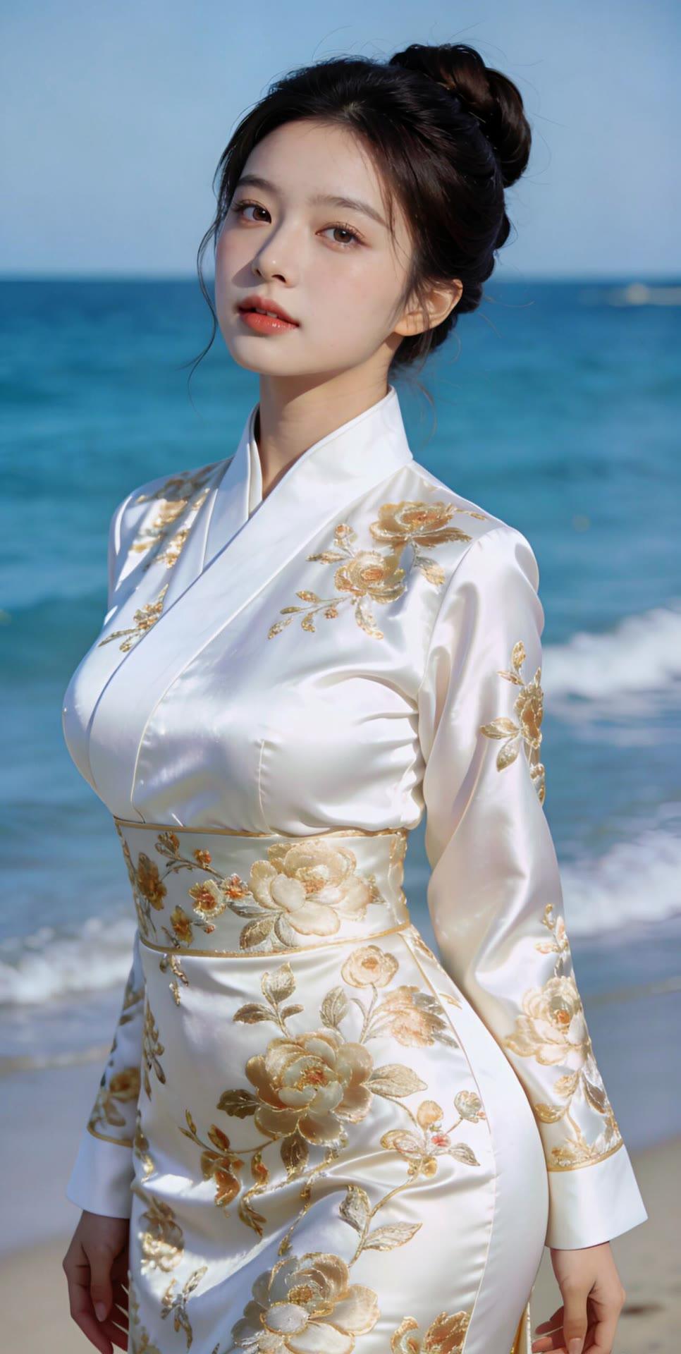 海边少女，金花白裙，优雅动人