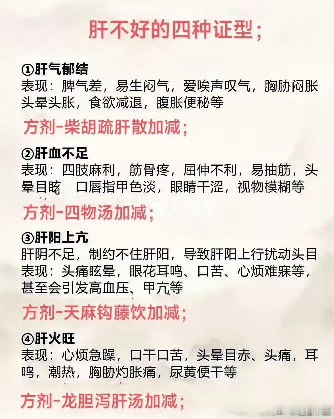 养肝就是养命！！肝气郁结——柴胡疏肝散加减；肝阳上亢——天麻钩藤饮加减；肝血