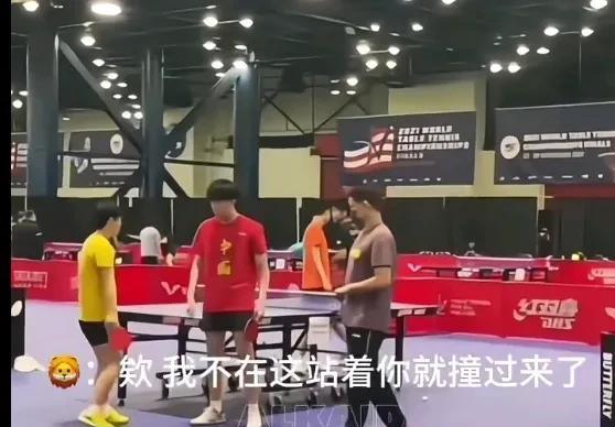 原来这就是番茄炒蛋名场面！莎莎和头和在练习混双。莎莎穿着黄色T恤，头哥穿着红色T