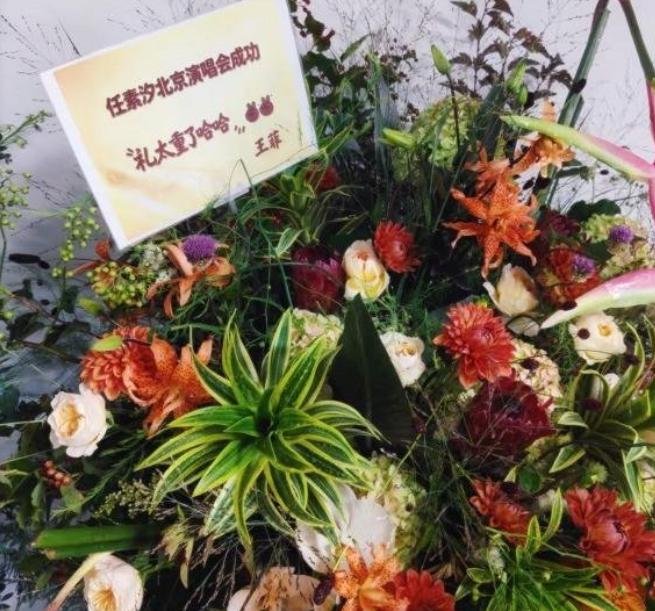王菲和任素汐有啥关系？这是王菲给任素汐的演唱会送去花篮，上面的卡片写的很逗而