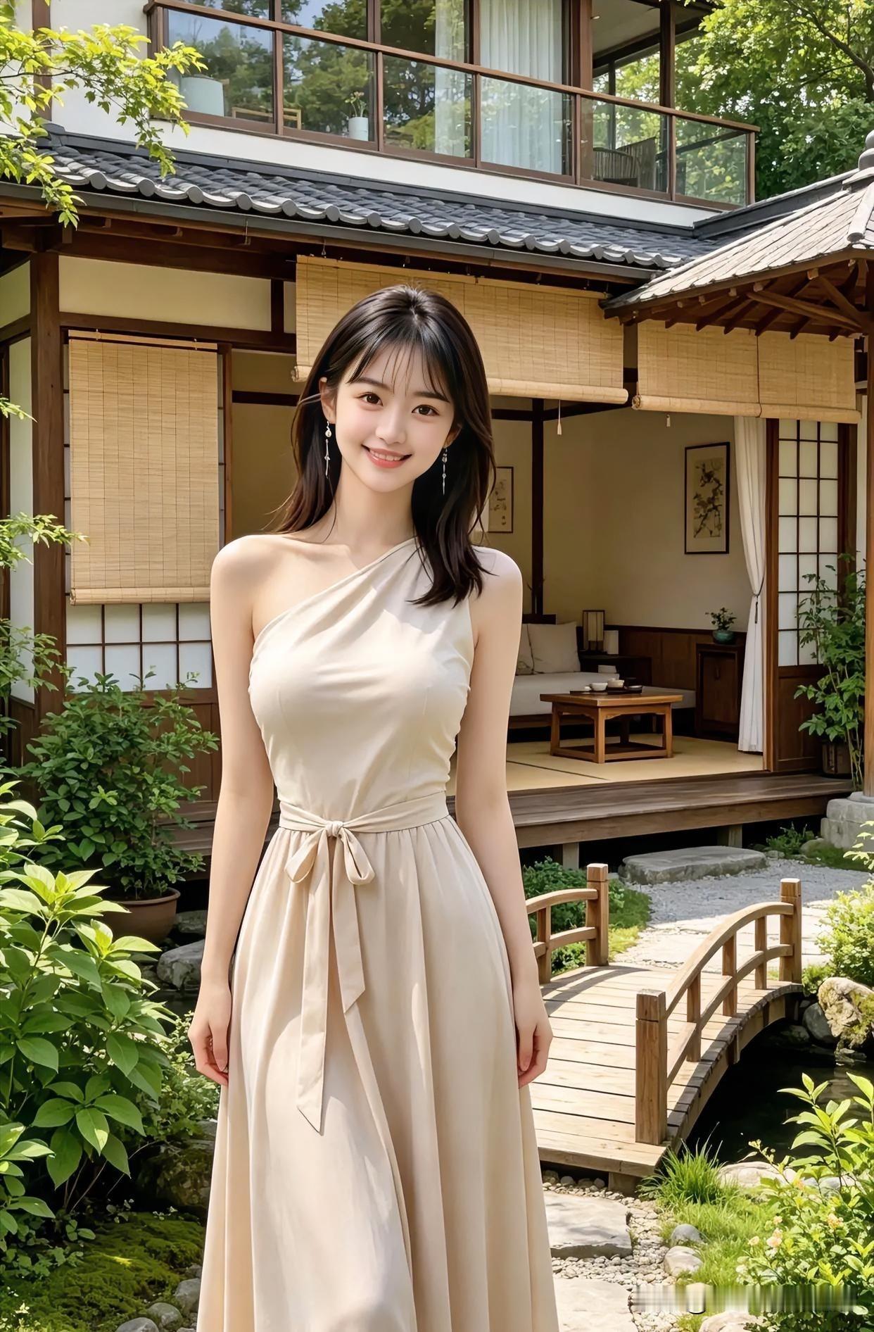 素绢斜裁映玉肩，腰间轻束结芳缘。小桥流水通幽径，竹影婆娑伴石泉。黛瓦木窗