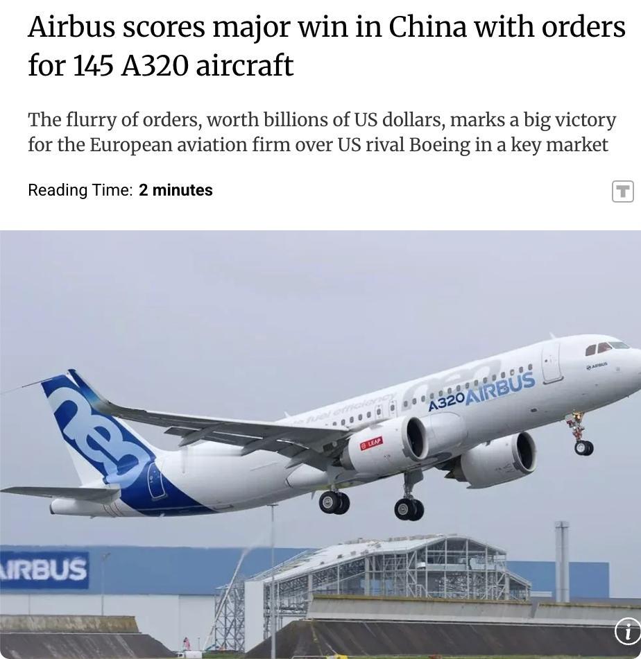外媒：欧洲航空巨头空客（Airbus）近日从中国客户获得了两项重要订单，总计90