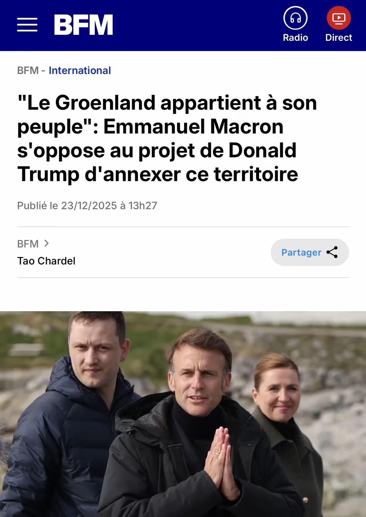 近日，法国总统马克龙批评特朗普欲吞并格林兰岛的计划。马克龙表示：“格林兰岛属于其