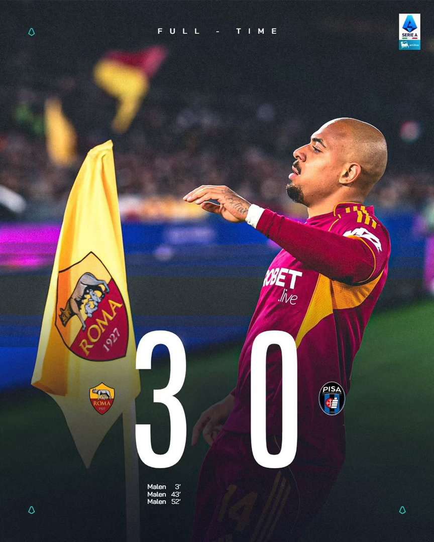 馬倫（DonyellMalen）第一次喺意甲大演帽子戲法，加盟羅馬之後12場聯