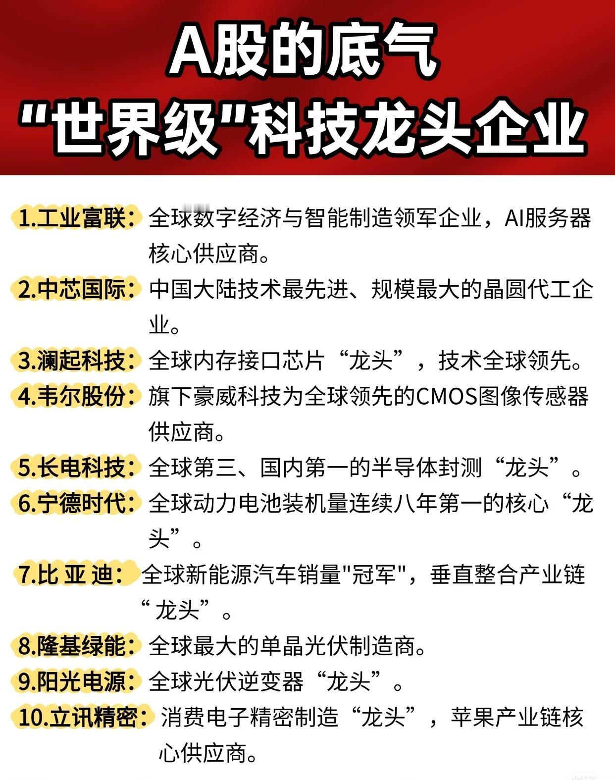 围绕“A股的底气‘世界级’科技龙头企业”主题，分别列举了不同领域的代表性A股上市