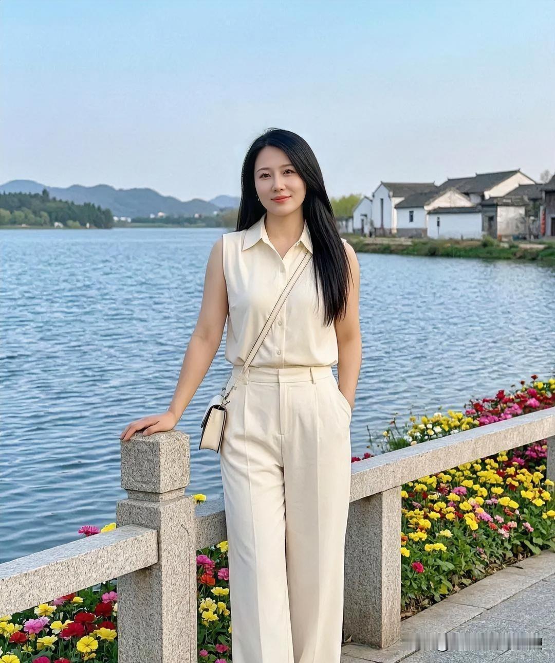 湖光潋滟，花影摇曳，她身着素白衣衫静倚石栏。远山如黛，白墙黛瓦倒映波心，人景相融