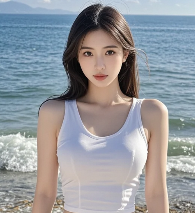 海浪轻拍岸边，她站在画面中央宛如仙子