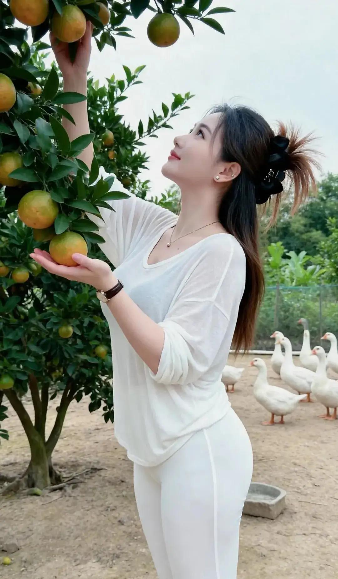 摘果倚树笑，白衣映绿阴。