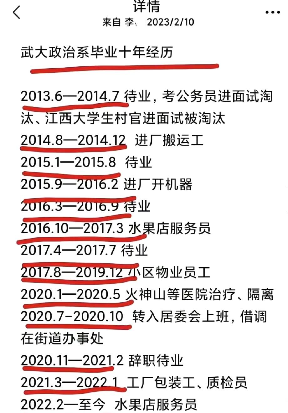 武汉大学政治系毕业生十年经历。虽然是学政治的，但是显然并没有耍过什么政治手腕。