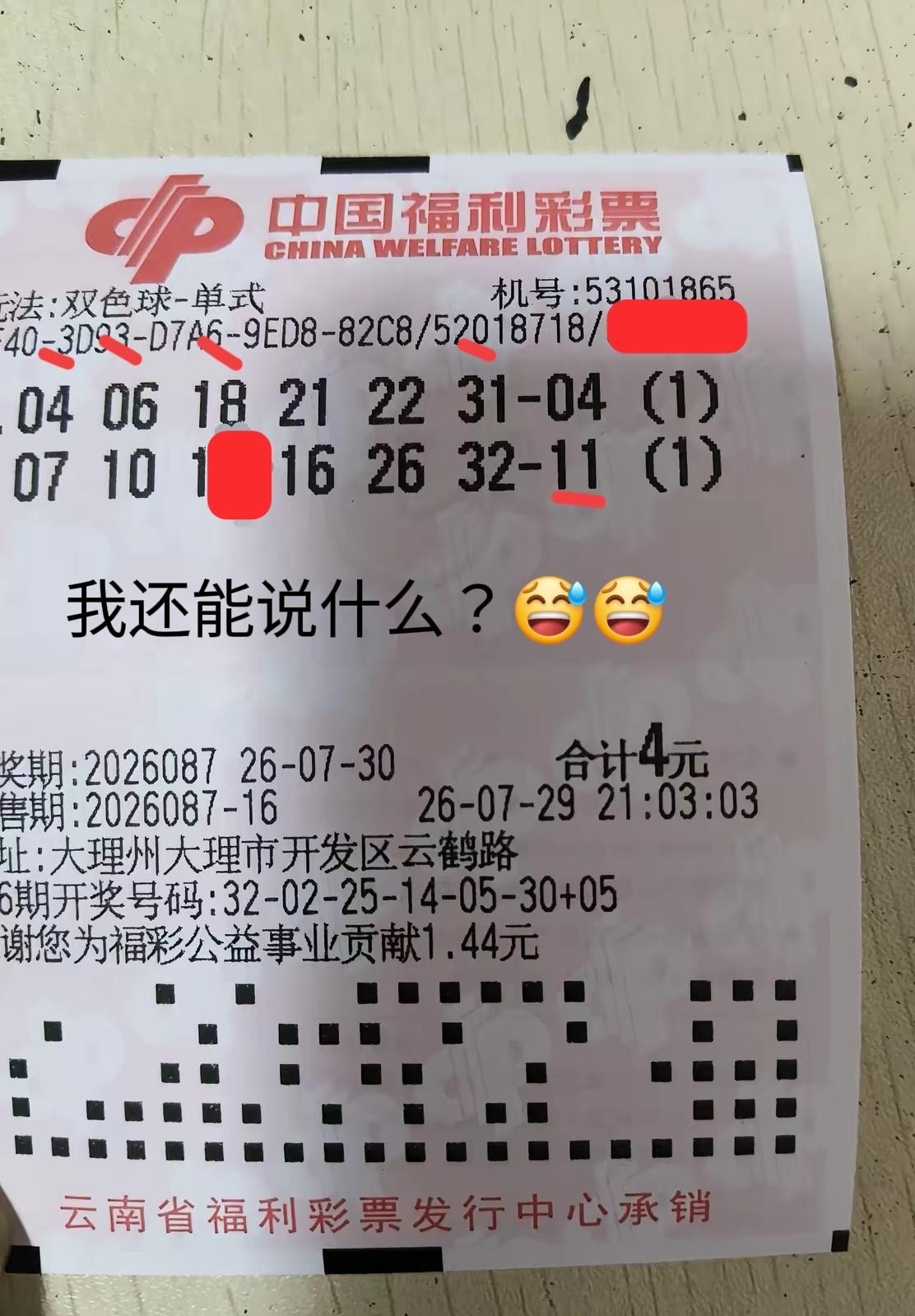 哈哈哈，两注号码蒙对了4+1，只可惜11应该放在第一注，那就更好了，起码可以多吃