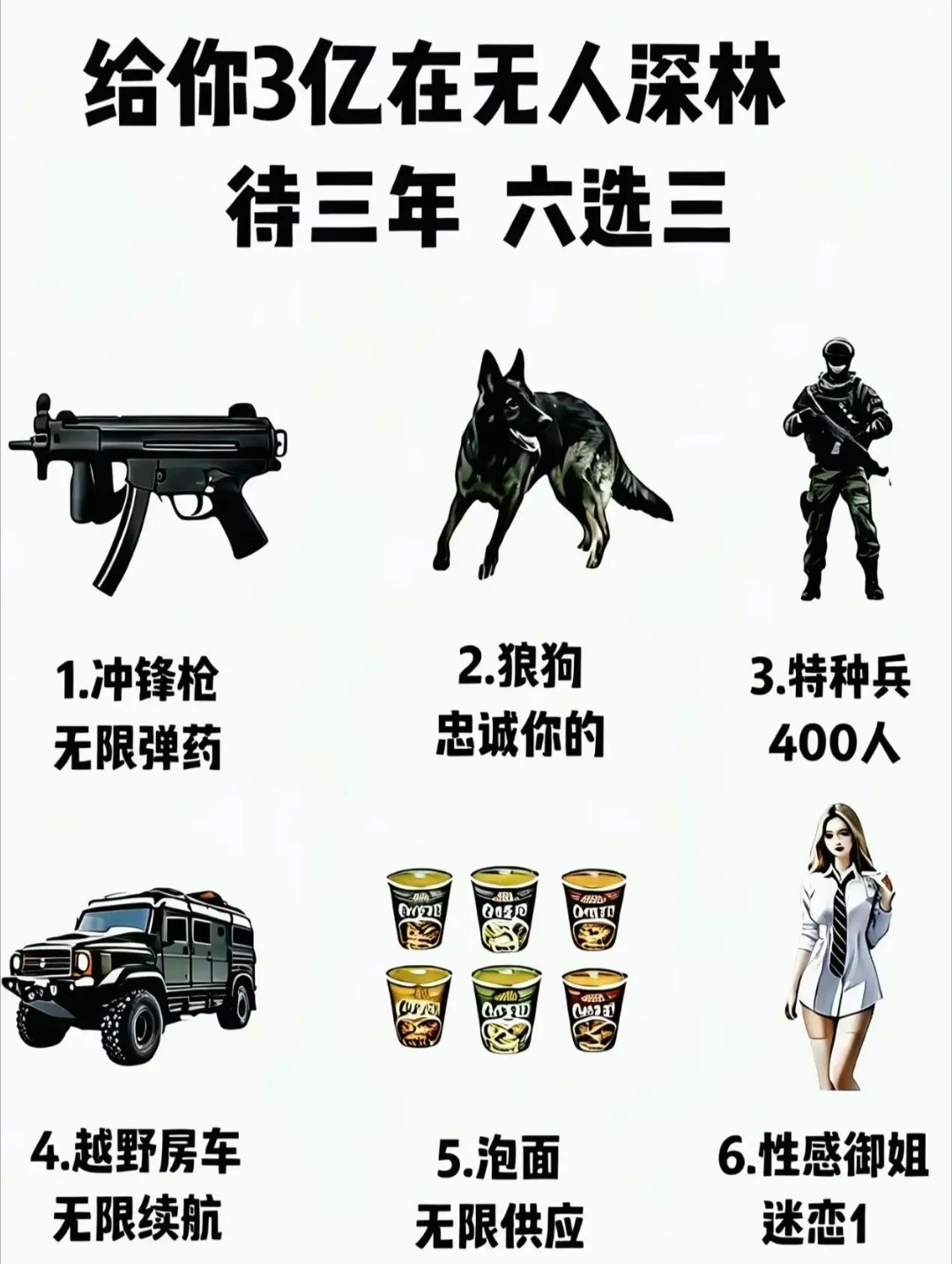 给你3个亿然后在森林里面呆三年，只能在这里六选三样携带。你怎么选？