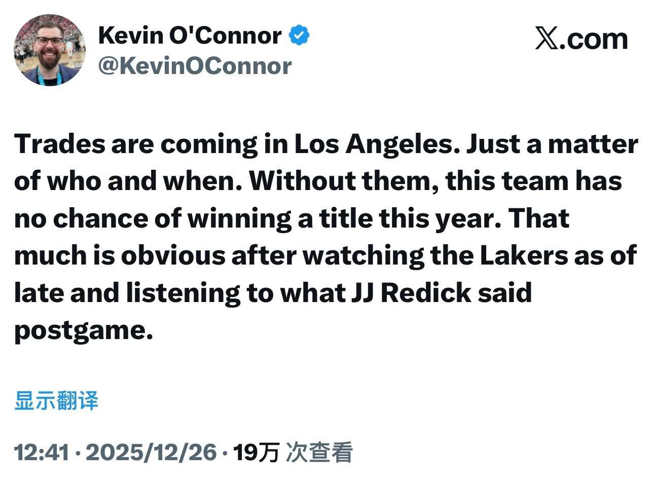 资深记者KevinO'Connor：湖人交易很快就会到来，只是交易对象和时间的