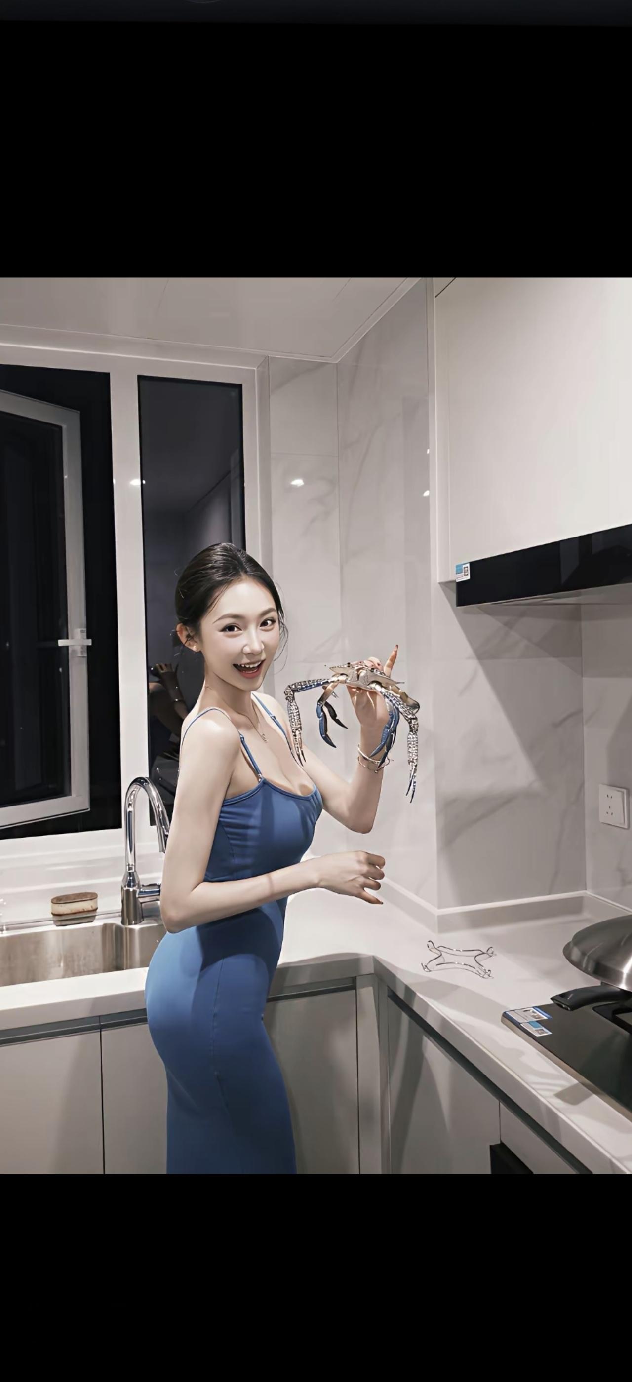 她正在厨房里摆弄一些海鲜。
