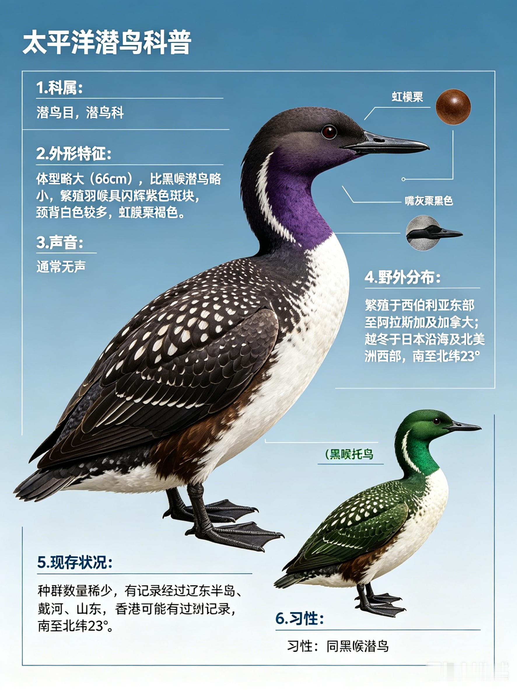 鸟类朋友图鉴太平洋潜鸟·科属：潜鸟目，潜鸟科。·外形特征：体型略大（66cm）