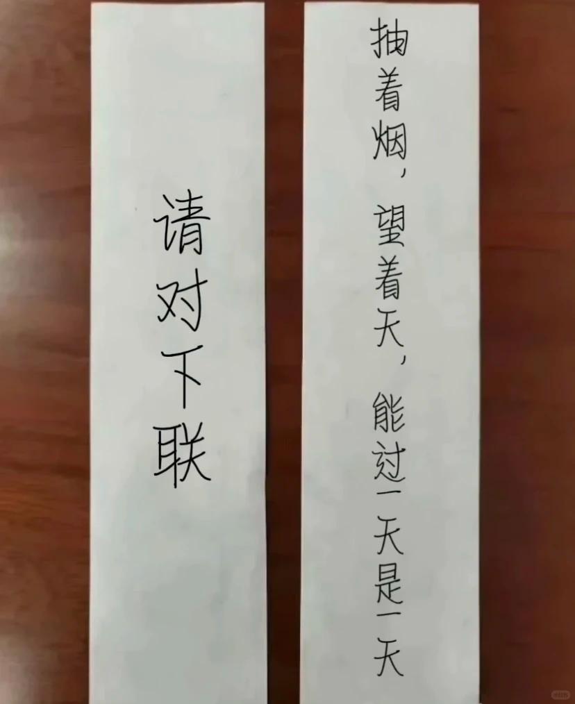 才子佳人们，请对下联！上联：抽着烟，望着天，能过一天是一天下联：_____