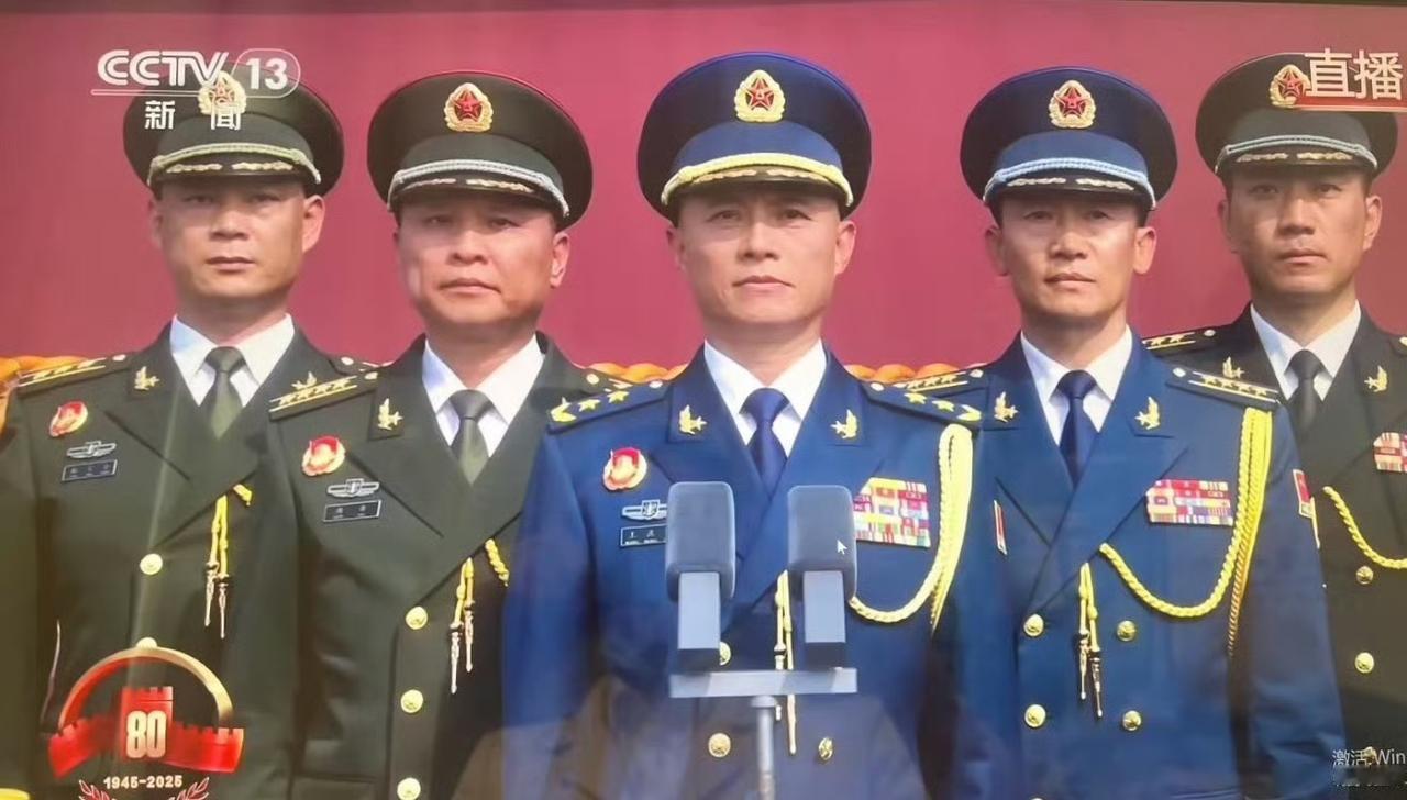 在阅兵式的主席台上，军官们军容严整，从中间向外依次是中将、大校、上校。他们身姿挺