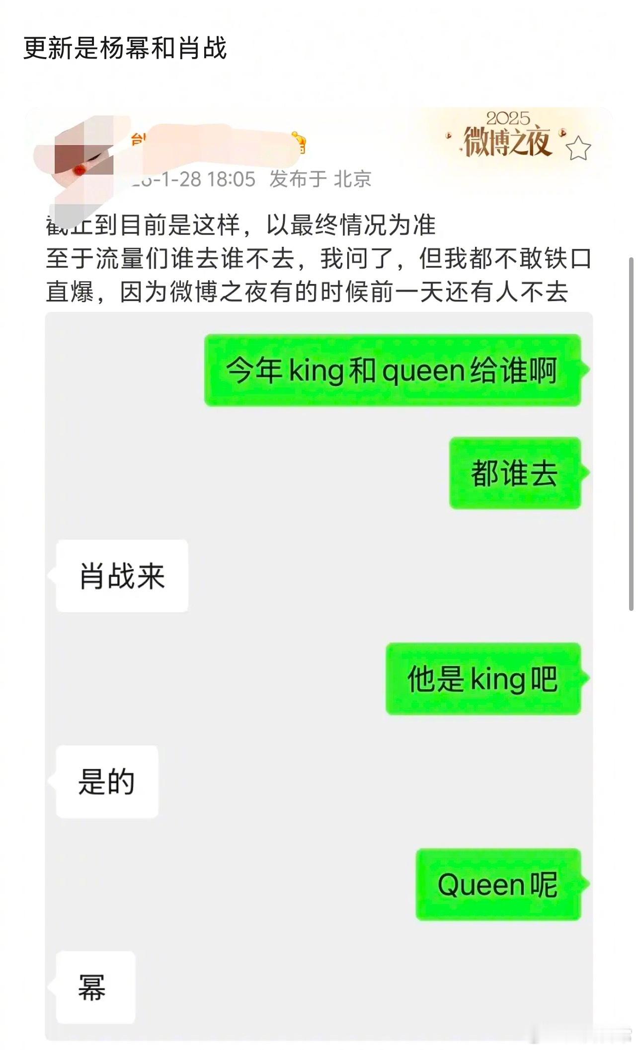 🍉网传今年的微博之夜King和Queen是肖战、杨幂，以最终情况为准