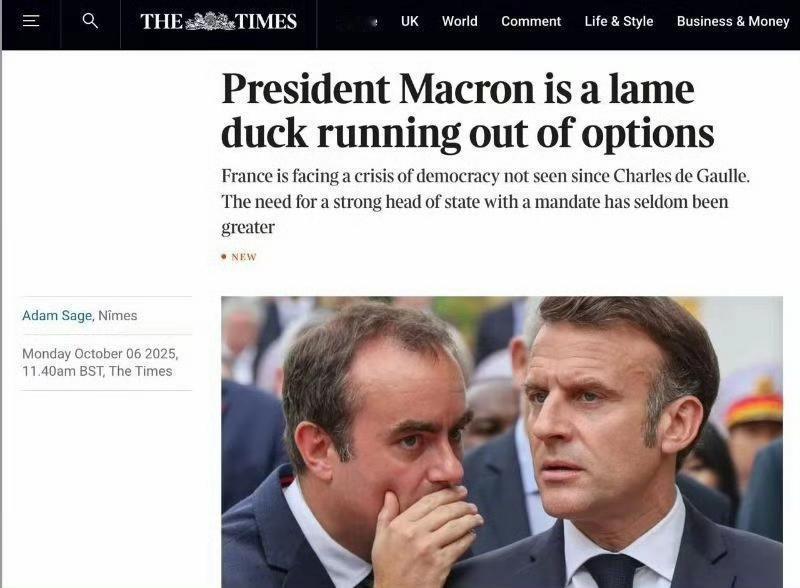 据TheTimes报道，法国总统马克龙在总理上任不足一月即辞职后已成为束手无策