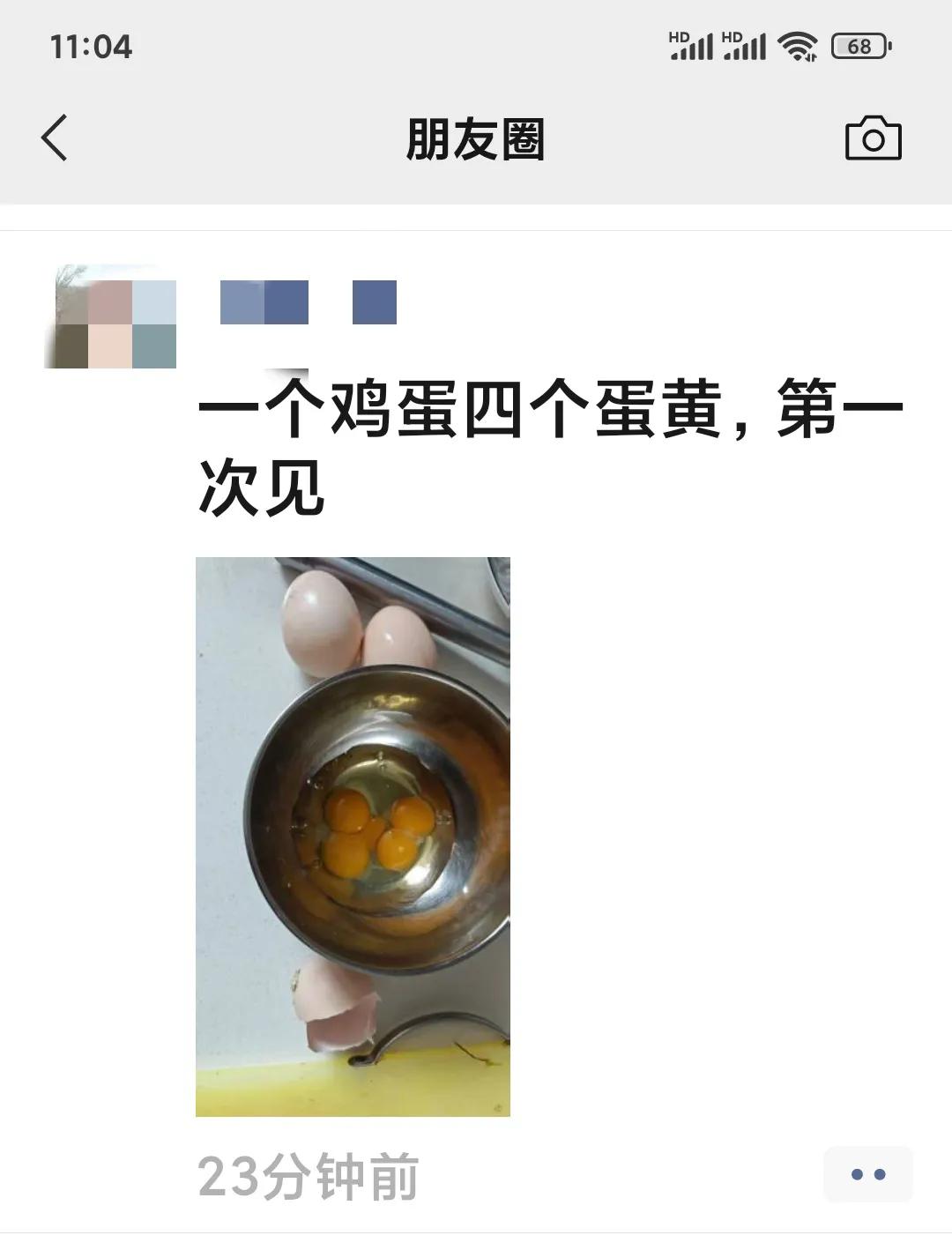 刚刷朋友圈，看到一个亲戚发的:“一个鸡蛋四个蛋黄，第一次见”以前看到过双黄蛋