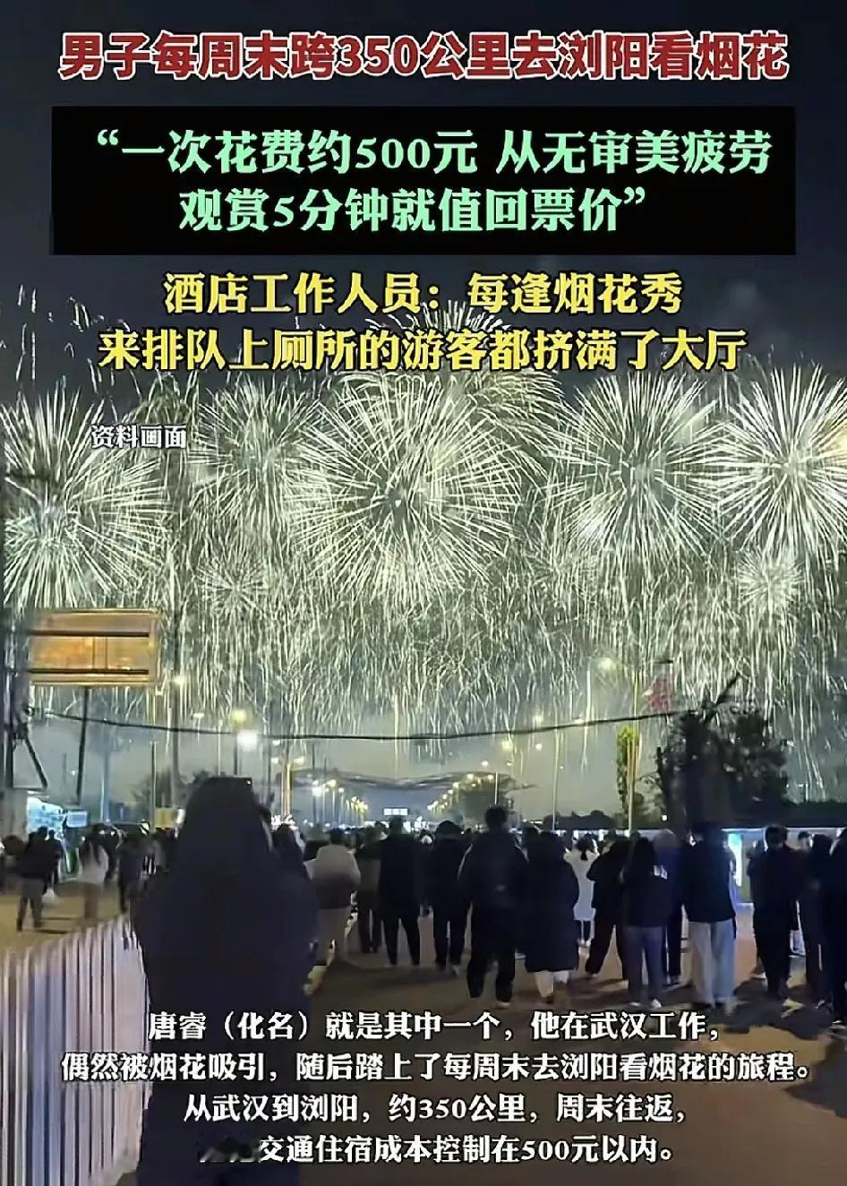 近日，武汉一小伙分享了自己每个周末往返浏阳观看烟花秀的过程。小伙表示从去年观看了