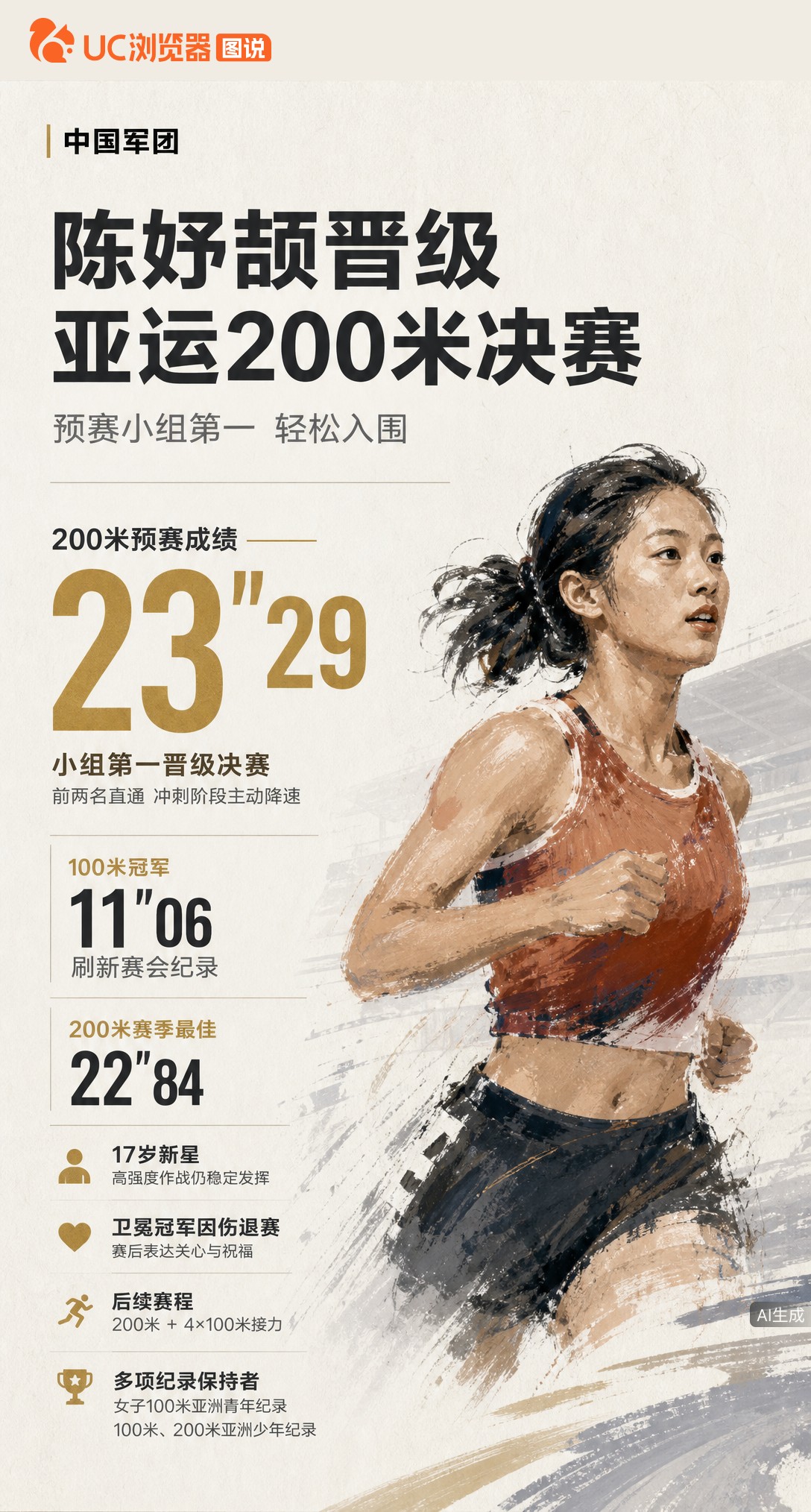17岁陈妤颉23秒29拿下200米预赛小组第一，冲刺阶段主动降速留力。刚以11秒06刷新赛会纪录夺百