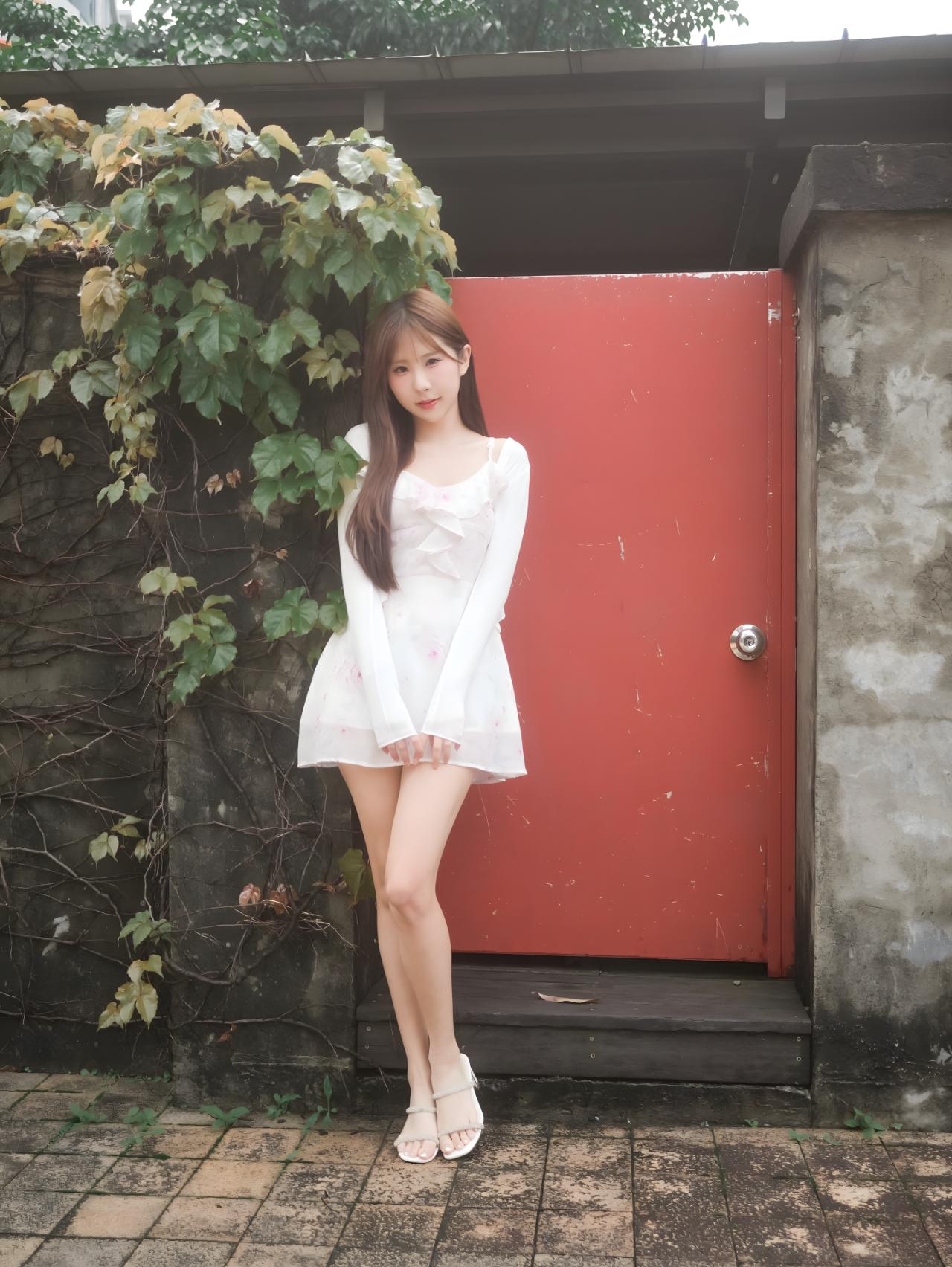 春日生活打卡季长发飘飘白衣少女，潇洒站立，红门绿植掩映，笑对人生。