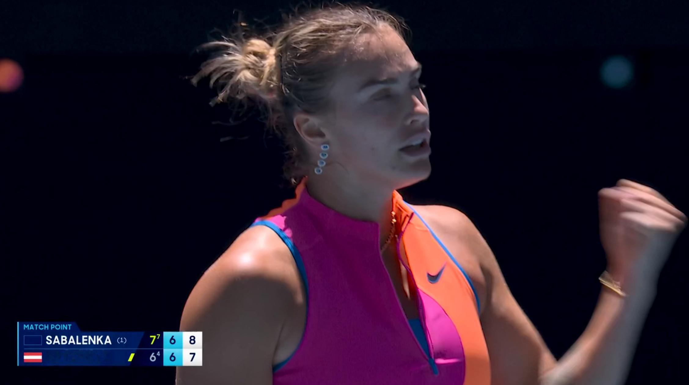 澳网女单第三轮，头号种子萨巴伦卡虽然首盘6-5(40-0)浪费三个盘点，第二盘4