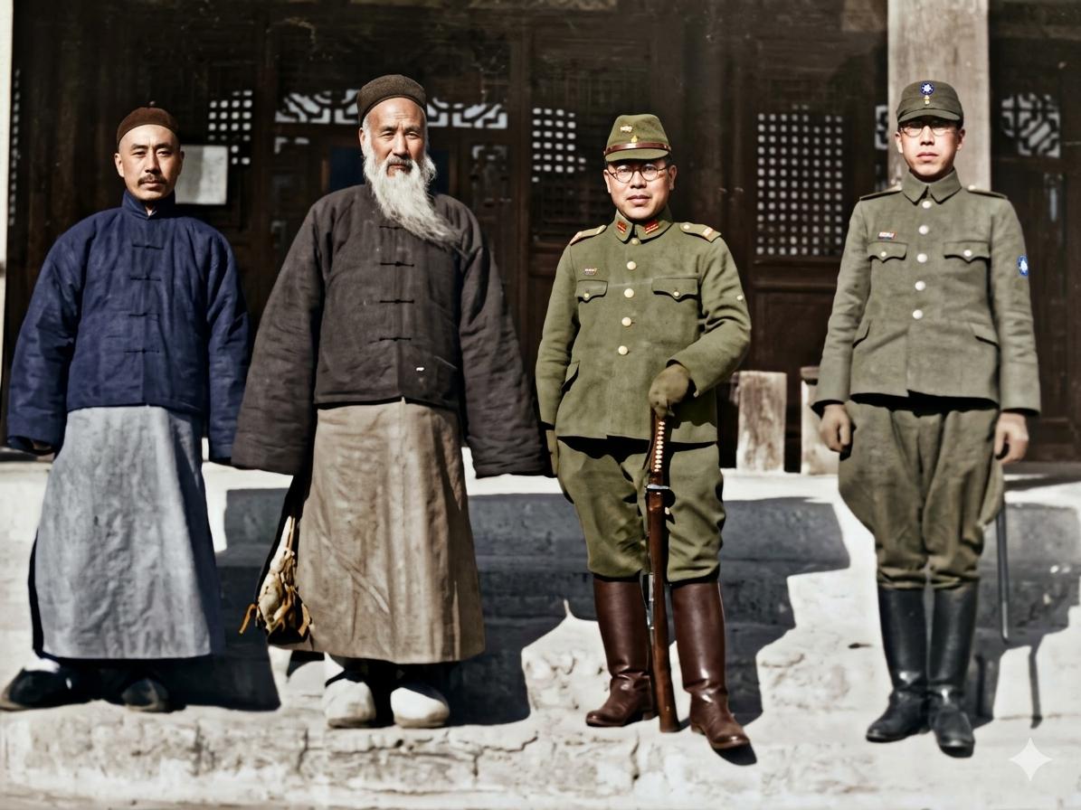 1938年1月，日军占领曲阜后，孔府奉祀官孔令煜与日军军官的合影。左侧两位孔府官