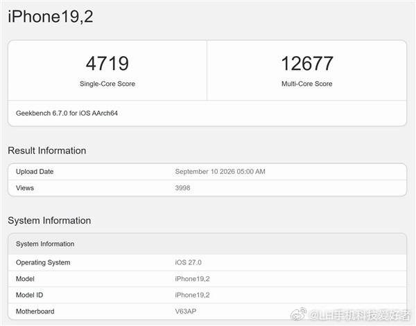 苹果iPhone18Pro跑分曝光第一批iPhone18Pro芯片跑分曝光