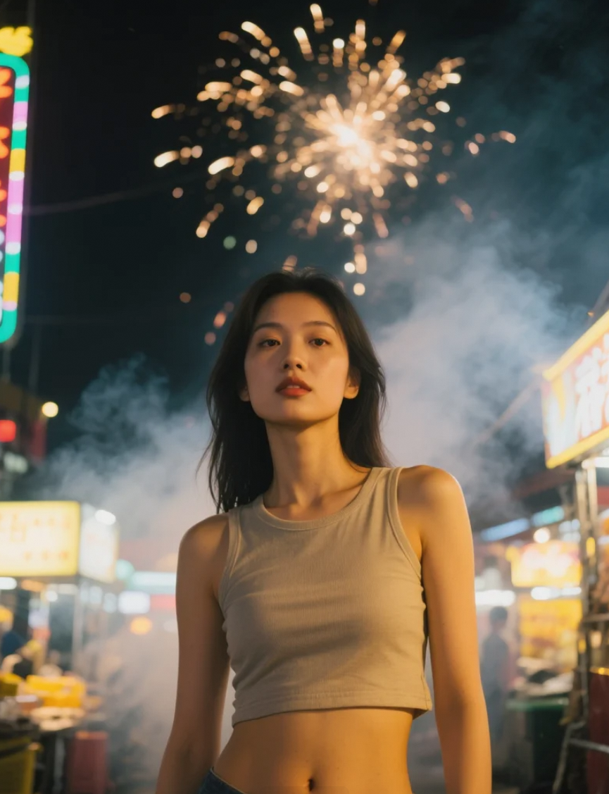 夜市中的亚洲美女，烟火气息的都市风情