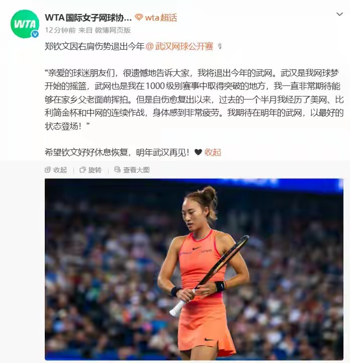 郑钦文回应武网退出10月12日，郑钦文回应武网退出：“亲爱的球迷朋友们，很遗憾地