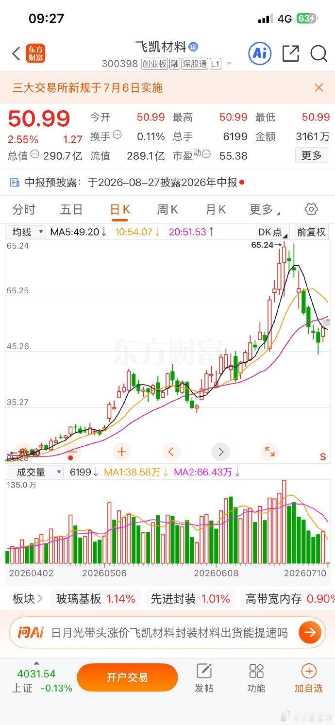 飞凯材料，可逢低关注