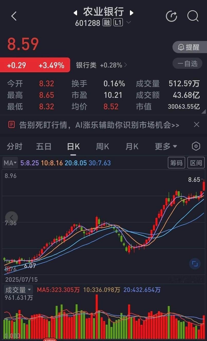 农业银行高开后遭到资金集中抢筹迅速上涨，并且突破10月份高点8.34，这还没完，