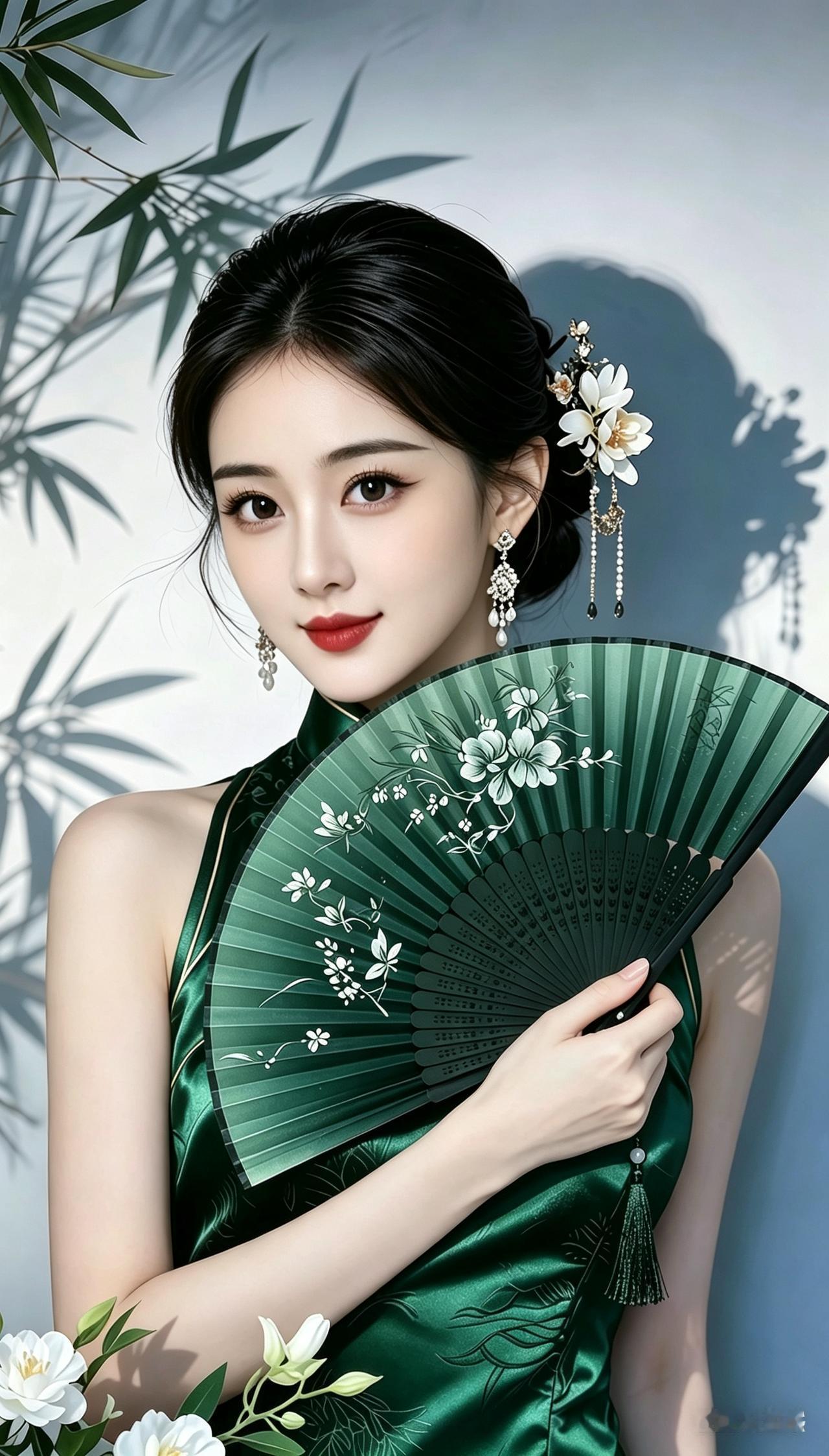 美女拿着扇子摆姿势，着实美！