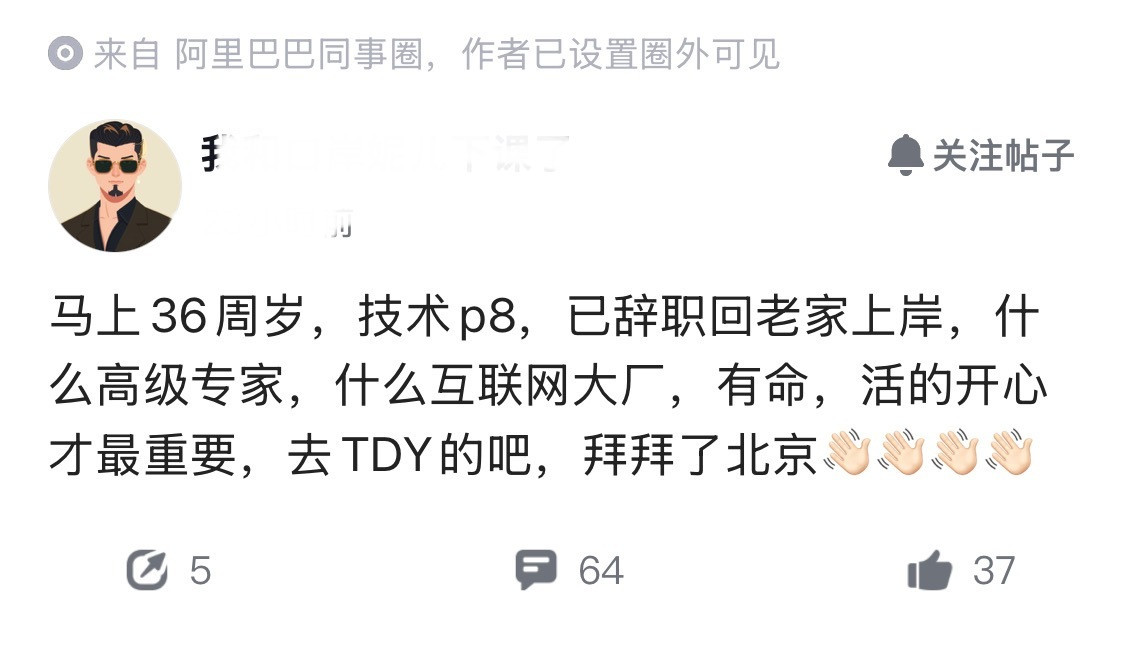 阿里高P辞职，回老家上岸国企，留言活的开心才最重要。没想到P8也开始主动逃离阿里