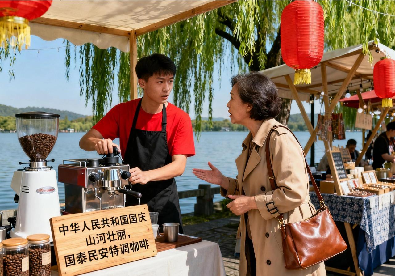 国庆西湖边上有个大哥为杯咖啡发火了，指着摊子喊：“成本五块卖三十五，你这是抢钱啊